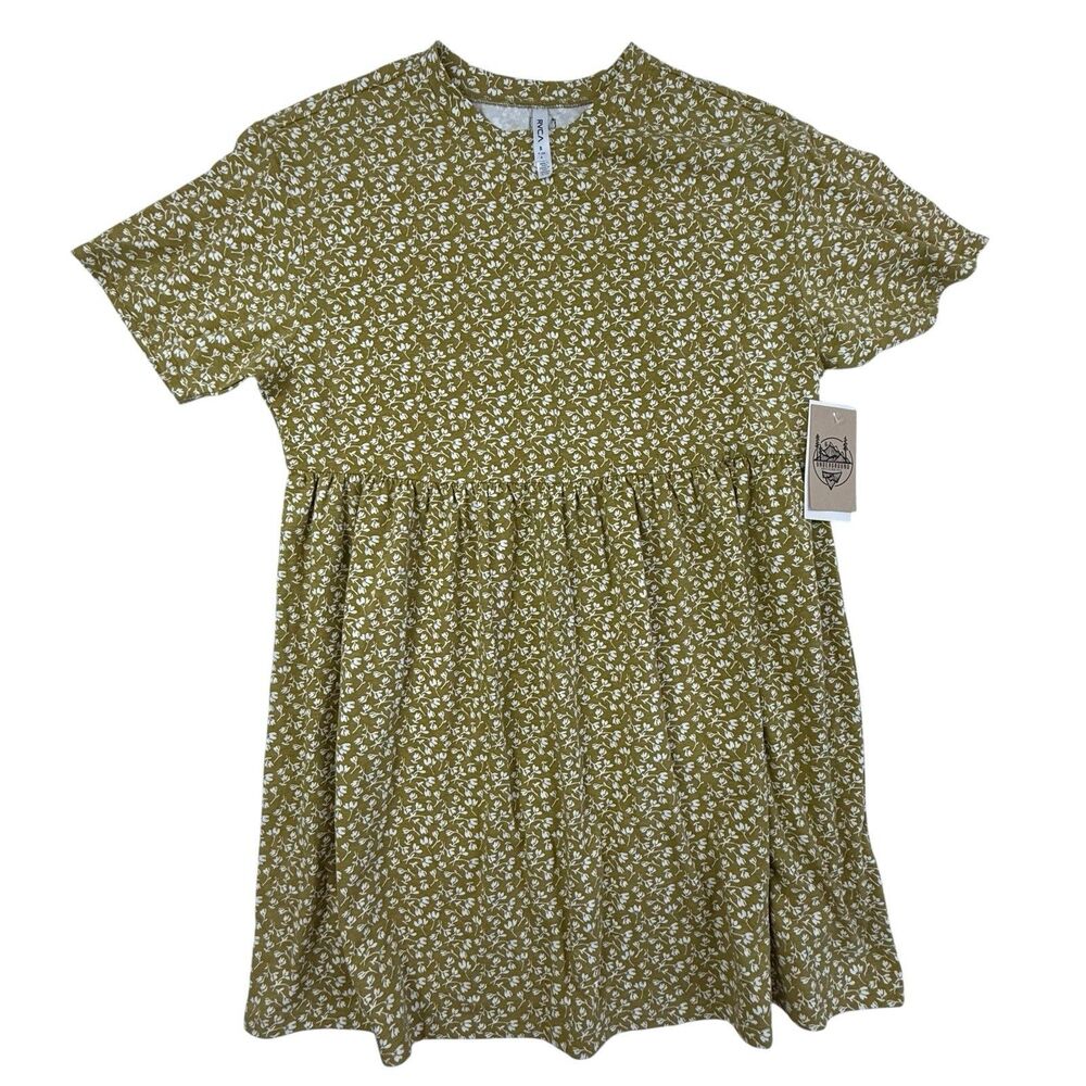 RVCA NEW City Vibes Dress Small Mustard Yellow Floral Babydoll Bohemian Knit